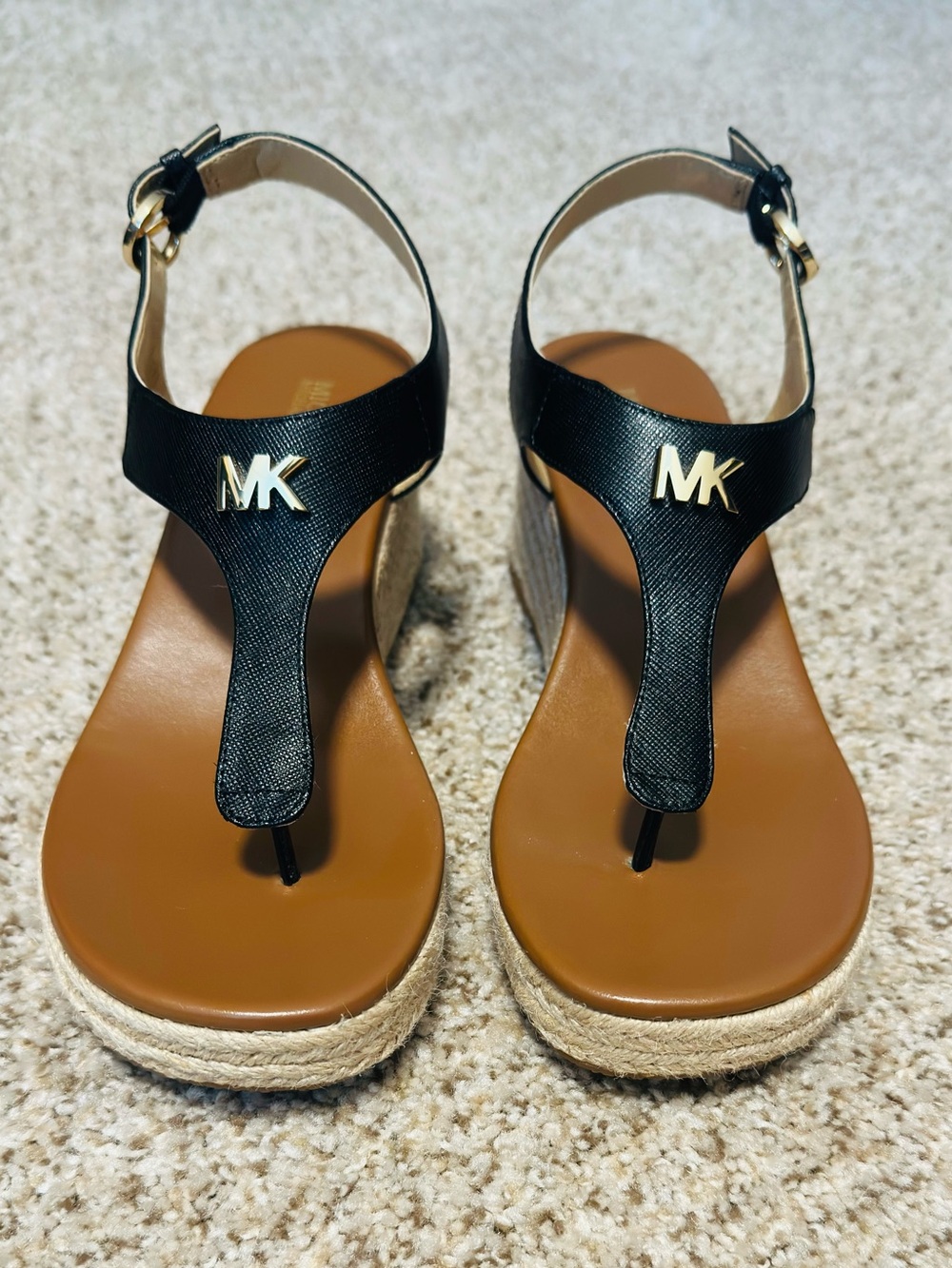 Michael Kors Black Leather Espadrille Wedge Sandals MK t-strap Gold Logo Sz 6.5